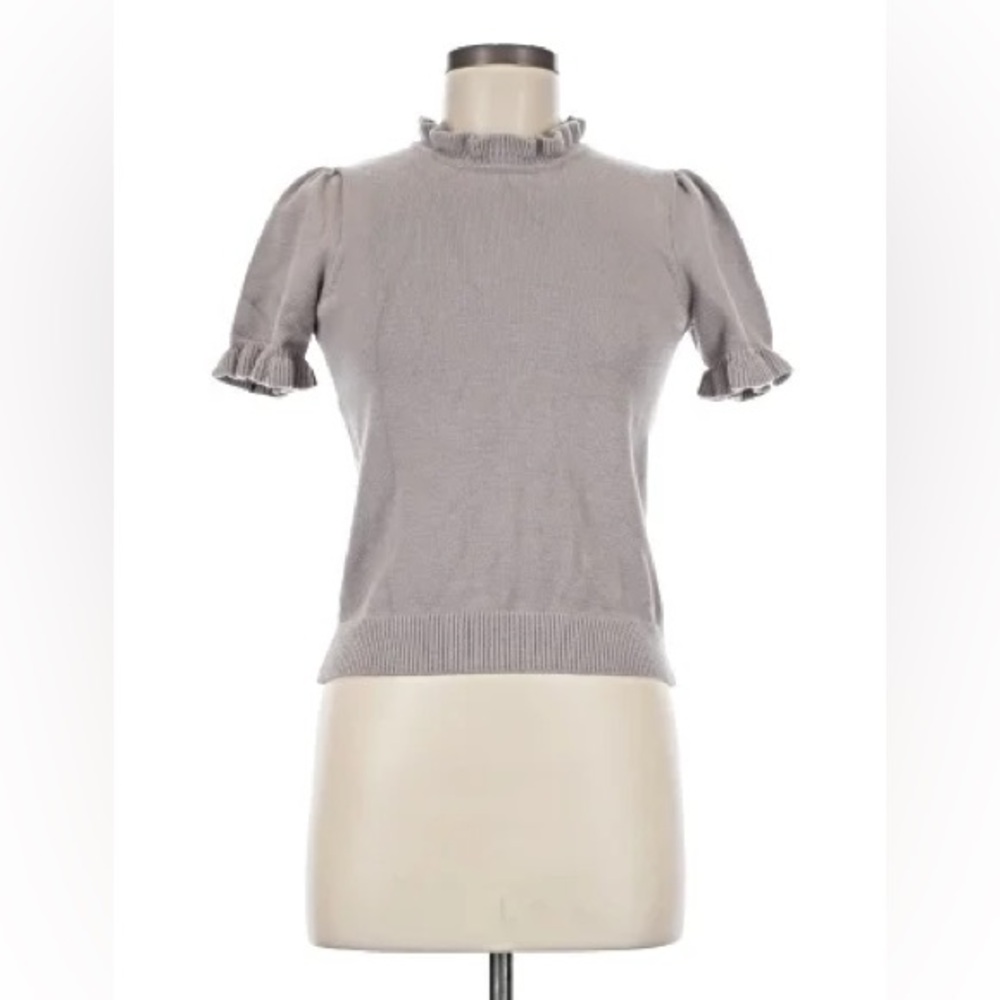 Premise Light Gray Short Sleeve Ruffle Neck Sweater